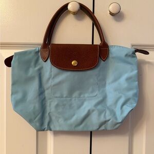 Longchamp Small Le Pliage Light Blue and Brown Tote